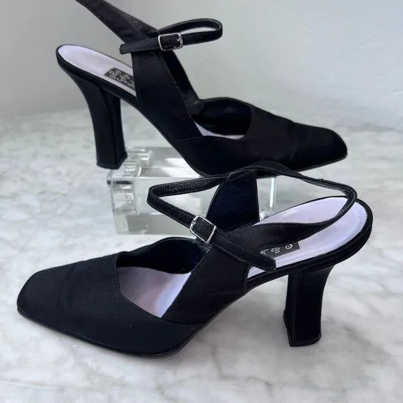 Cynthia Rowley Black Satin High Heels Shoes Women's Buckle Slingback Fabric 9AA - Picture 7 of 9